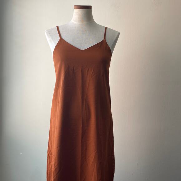 The Open Satin Silky Spaghetti Strap V-Neck Midi Dress in Burnt Orange -S - Picture 10 of 12